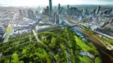 Birds eye view of the Royal Botanic Gardens, Yarra River and Melbourne CBD on a sunny day